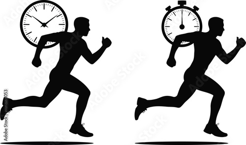 Expressive black silhouettes of runners demonstrating speed and time constraints with classic and modern timepieces