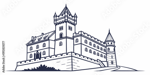 A detailed illustration of a medieval castle with towers and turrets.