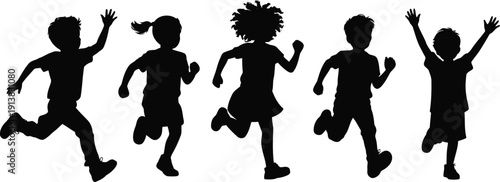 Five active young children leaping and sprinting with enthusiasm, radiating pure joy and vibrant energy