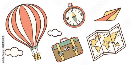 Vintage travel illustrations featuring a hot air balloon, a pocket watch, and a map.