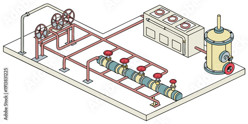 A detailed illustration of a water treatment plant with various equipment and processes.
