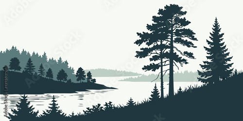 Serene landscape with tall trees and a tranquil lake under a clear sky