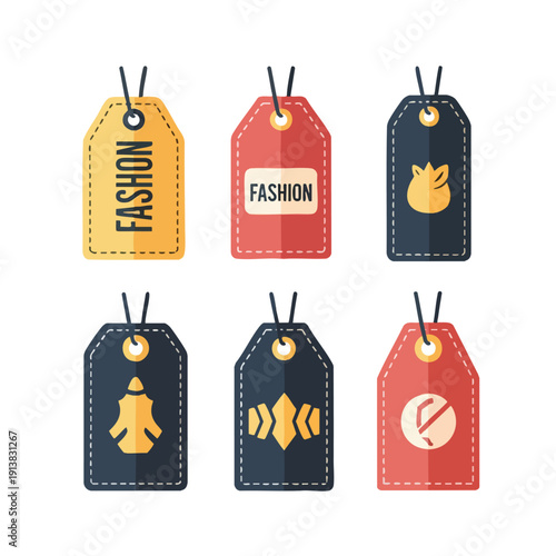Fashion tags with various designs and colors