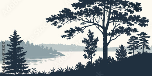 A majestic tree stands tall on a cliff overlooking a serene lake and distant mountains.
