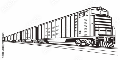 A detailed illustration of a train with multiple freight cars traveling on tracks