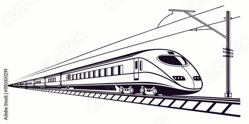 A sleek, modern train traveling at high speed on a railway track with overhead power lines.