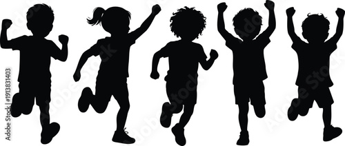 Five cheerful children silhouettes triumphantly run and jump with fists raised, celebrating success and teamwork