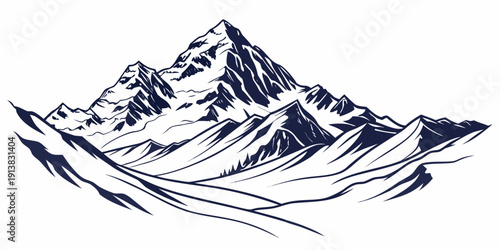 A majestic mountain landscape with snow covered peaks and a clear blue sky