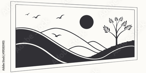 Silhouette of a tree and birds flying over a hilly landscape under a full moon.