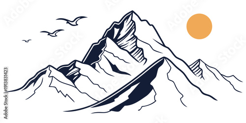 Majestic mountain range with a setting sun and flying birds