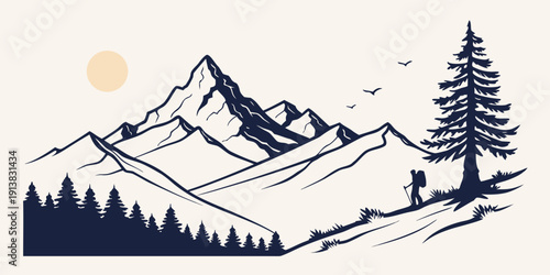 A serene mountain landscape with a lone hiker and a pine tree under a setting sun