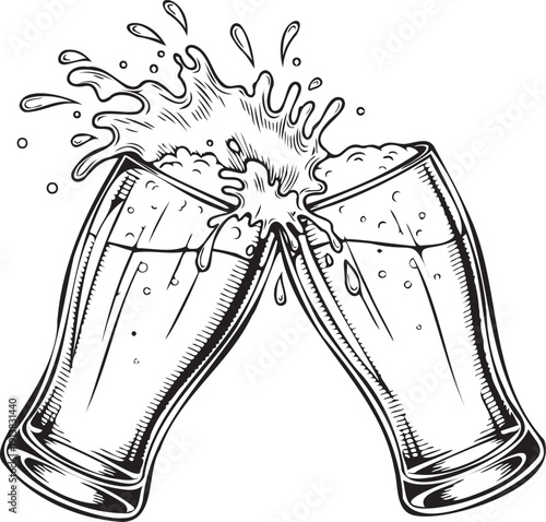 Beer glasses clinking splash vector illustration vintage black white
