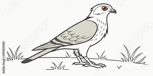 A detailed illustration of a bird standing on a grassy surface with its wings slightly spread