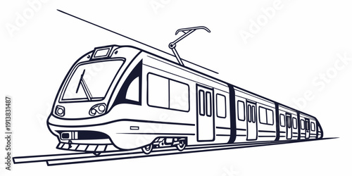 A sleek, modern train traveling on a railway track with a bird in the sky