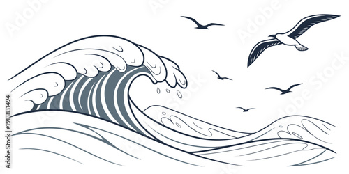 A majestic wave rises high as seagulls soar above the ocean.