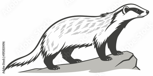 A solitary badger standing on a rock in a natural habitat.