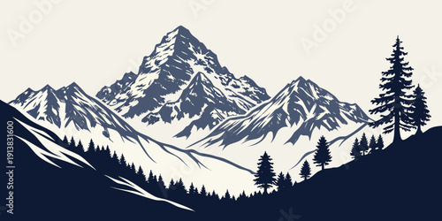 Majestic mountain range with snow-covered peaks and dense forest below