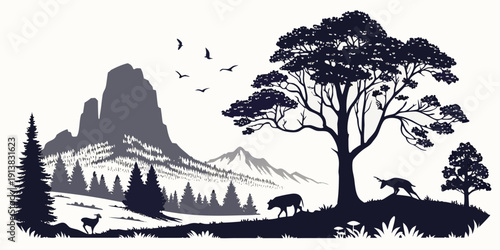 A serene landscape with a towering rock formation and a large tree in the foreground