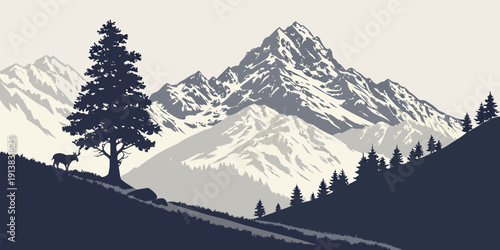 A majestic mountain landscape with a solitary tree standing tall against the snow-capped peaks