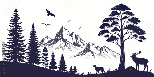 A serene landscape featuring a majestic mountain range with a calm forest and flying birds