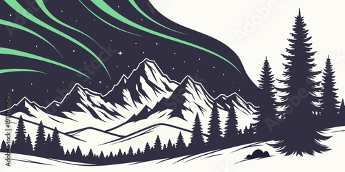 A serene winter landscape with northern lights illuminating a snowy mountain range