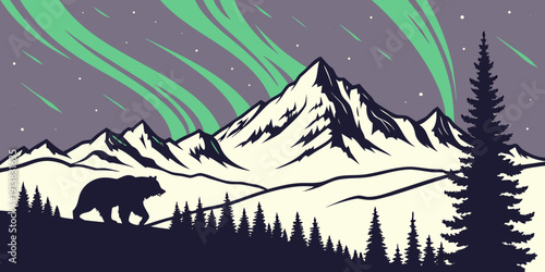A majestic mountain range with a herd of bison and a vibrant northern lights display