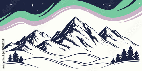 Majestic mountain range under a starry night sky with vibrant auroras