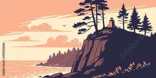 A serene landscape of trees on a cliff with a sunset in the background