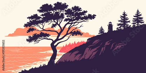 A solitary tree stands tall on a cliff overlooking a serene sunset by the sea