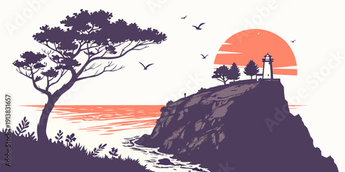 A serene sunset view with silhouetted figures on a cliff overlooking the ocean