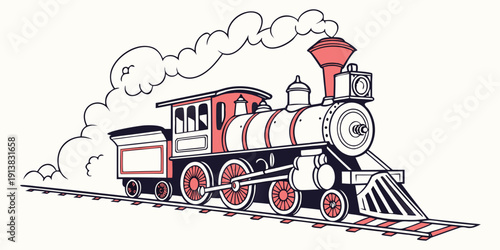 A vintage steam train with a red and black locomotive pulling colorful carriages