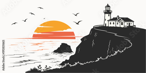 A serene sunset over the ocean with a lighthouse and flying birds