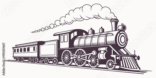 A detailed illustration of a vintage steam locomotive in motion with passengers