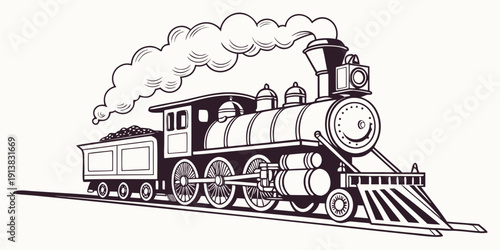 A detailed illustration of a classic steam locomotive train in motion.
