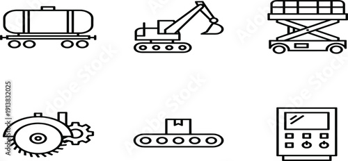 Set of industrial logistics and construction line icons featuring oil tanker, excavator, scissor lift, circular saw, conveyor belt, and control panelSet of industrial logistics and 