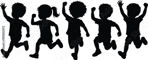 Five spirited children silhouettes demonstrating enthusiastic running and jumping actions against a clean minimalist white backdrop