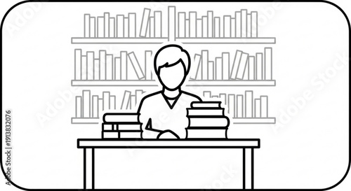 Man Reading Books at Desk in Library, Studying Illustration
