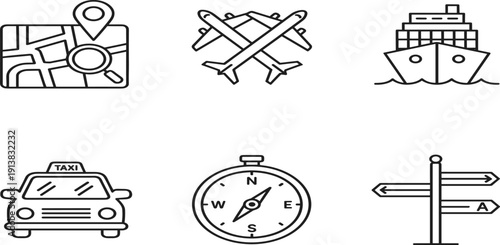 Set of travel and transportation line icons featuring city map, crossed airplanes, cruise ship, taxi car, compass, and directional road signsSet of travel and transportation line icons 