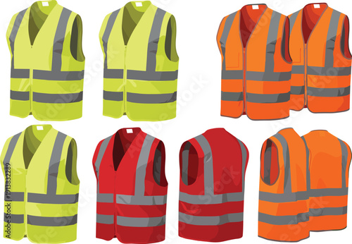 Safety reflective vest vector set with high visibility construction workwear in yellow orange and red colors illustration