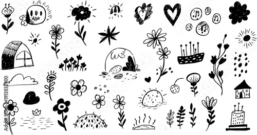 Playful Black  White Doodle Set: Flowers, Hearts, Houses, and Nature Elements for Creative Design