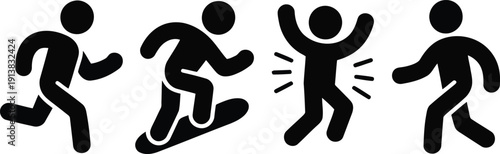 Four black silhouette icons show people running, boarding, and jumping with dynamic movement on white