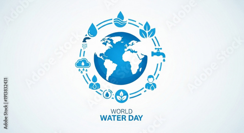 World water day poster with blue globe and icons on white background symbolizing conservation and sustainability