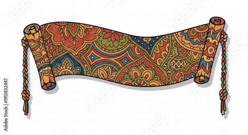 Colorful Persian Carpet on Cylinder with Tassels, Isolated on White Background