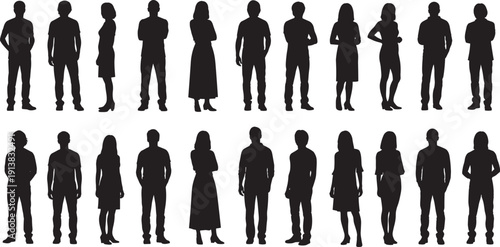 Silhouettes of diverse group of people standing in two rows, showcasing human diversity, posture, fashion styles, and individuality in black outlines on white background