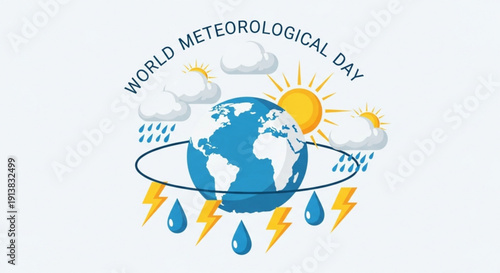 World meteorological day theme illustration with globe sun clouds rain and lightning