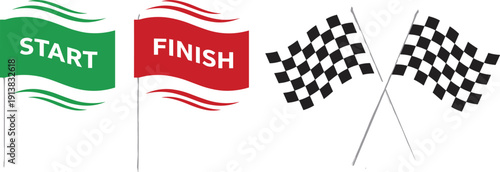 Start and finish racing flags vector set with checkered race symbols isolated sports competition illustration