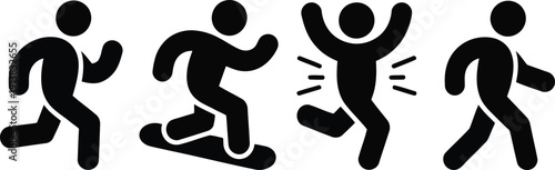 Four black simple icons show a person running snowboarding leaping and walking casually