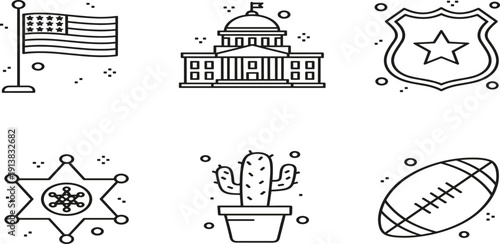 Set of American culture line icons featuring United States flag, government capitol building, police badge, sheriff star, cactus, and footballSet of American culture line icons 