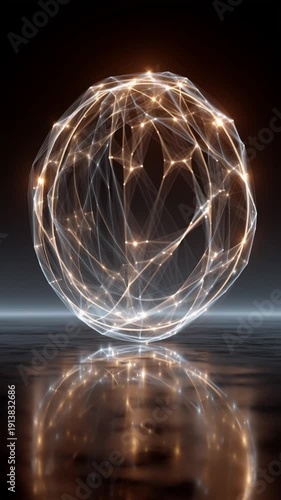 Interwoven White Line Ring With Connected Nodes In Futuristic Grid. Data Topology, Network Geometry, Digital Links.