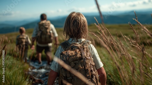 Three children, with backpacks, joyfully walking through tall grass on a mountain trail, embodying a spirit of adventure and exploration in the great outdoors during a sunny day.